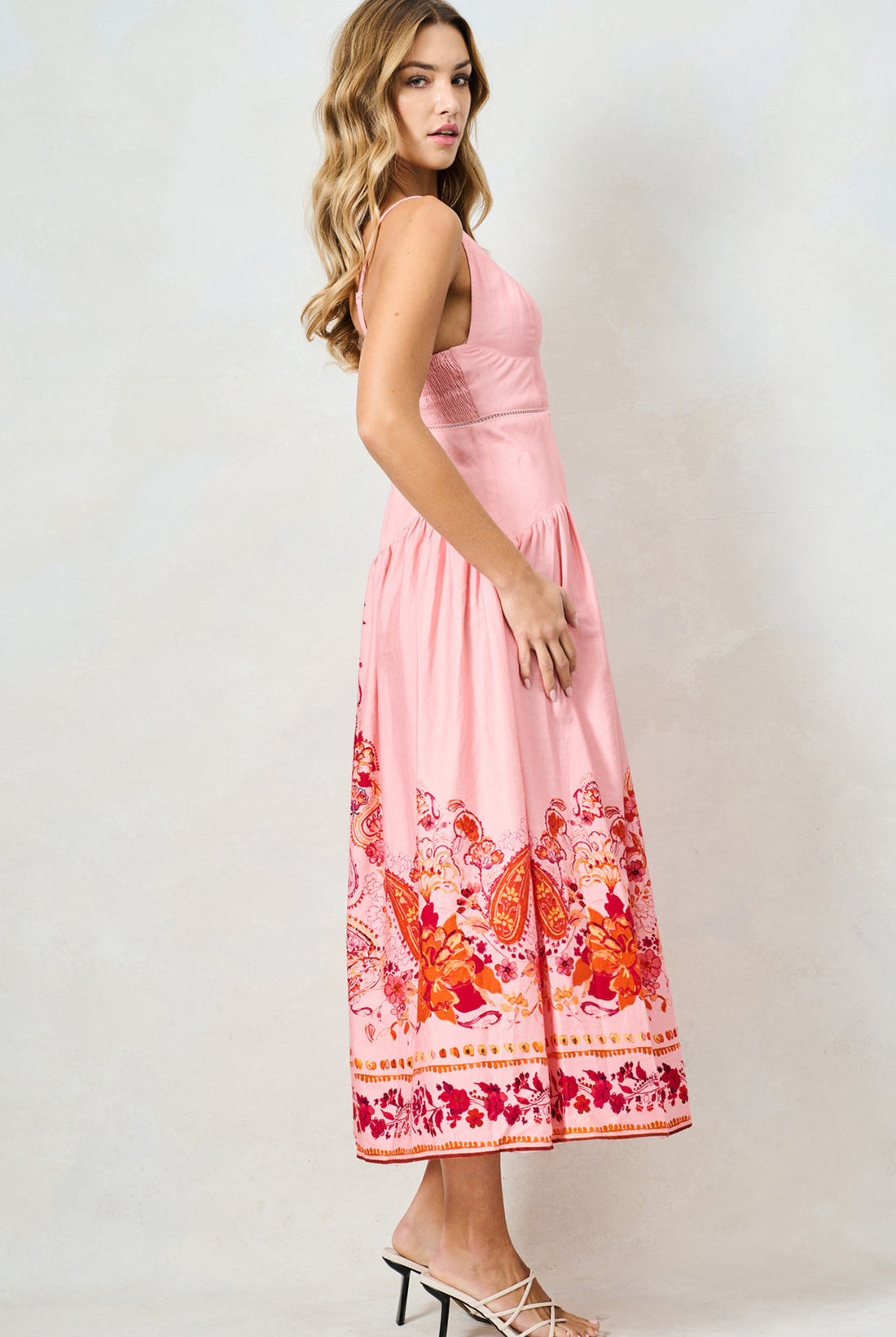 Hope & Ivy pink floral paisley print midi dress with spaghetti straps