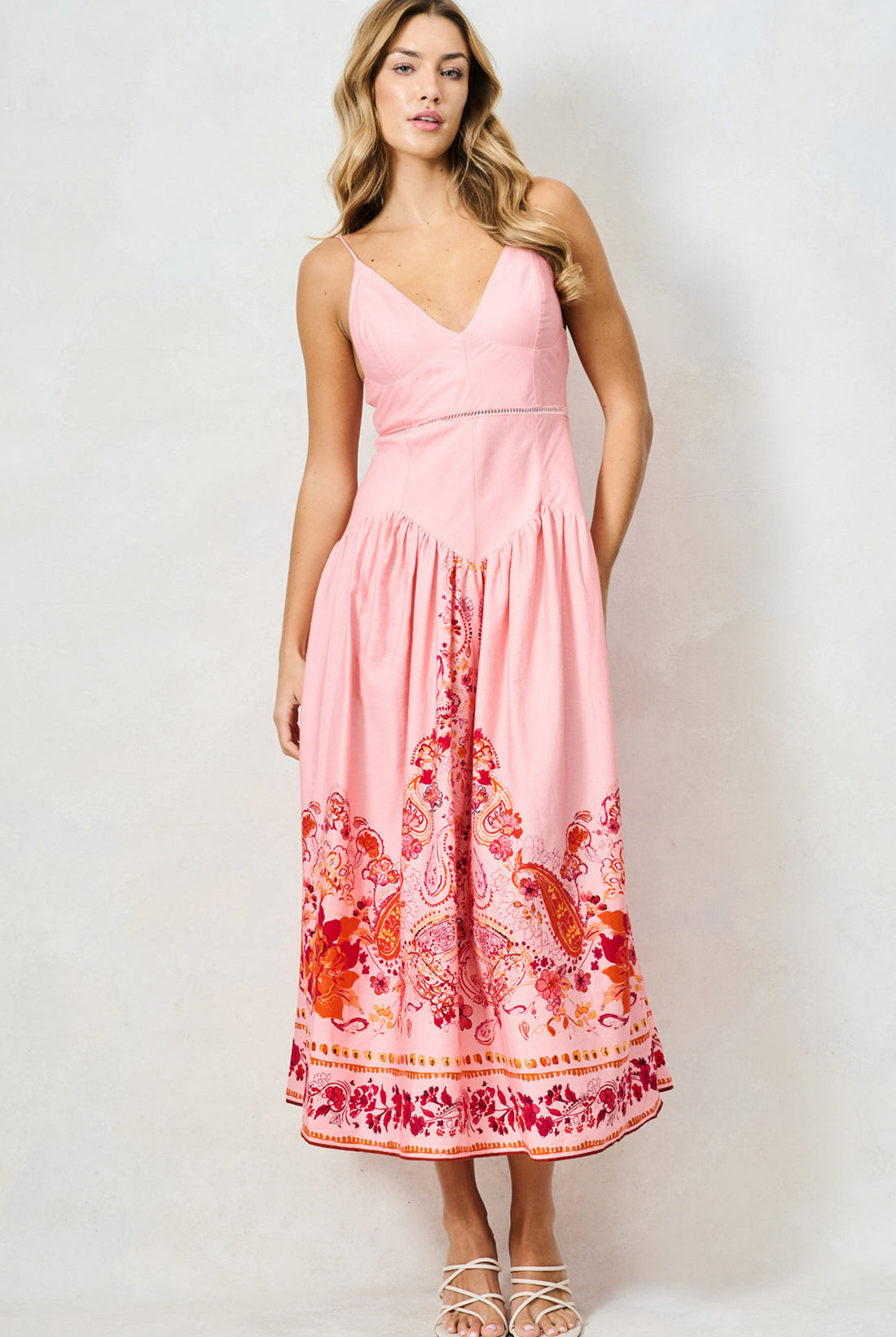 Hope & Ivy pink summer wedding guest floral midi dress