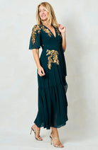 Full view of Hope & Ivy Matilda embellished gold wrap dress front