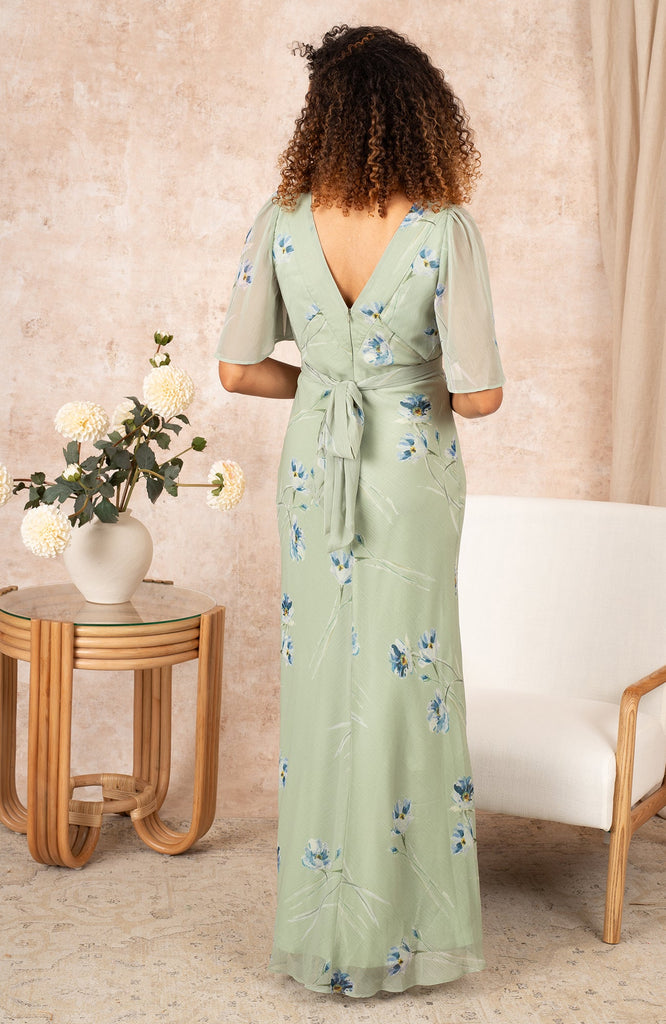 Hope & Ivy Melrose Green Butterfly Sleeve V-Neck Tie Back Maxi Dress From Back