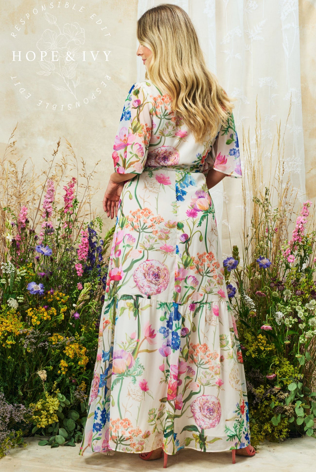 Hope & Ivy Michelle flutter sleeve maxi wrap dress side view