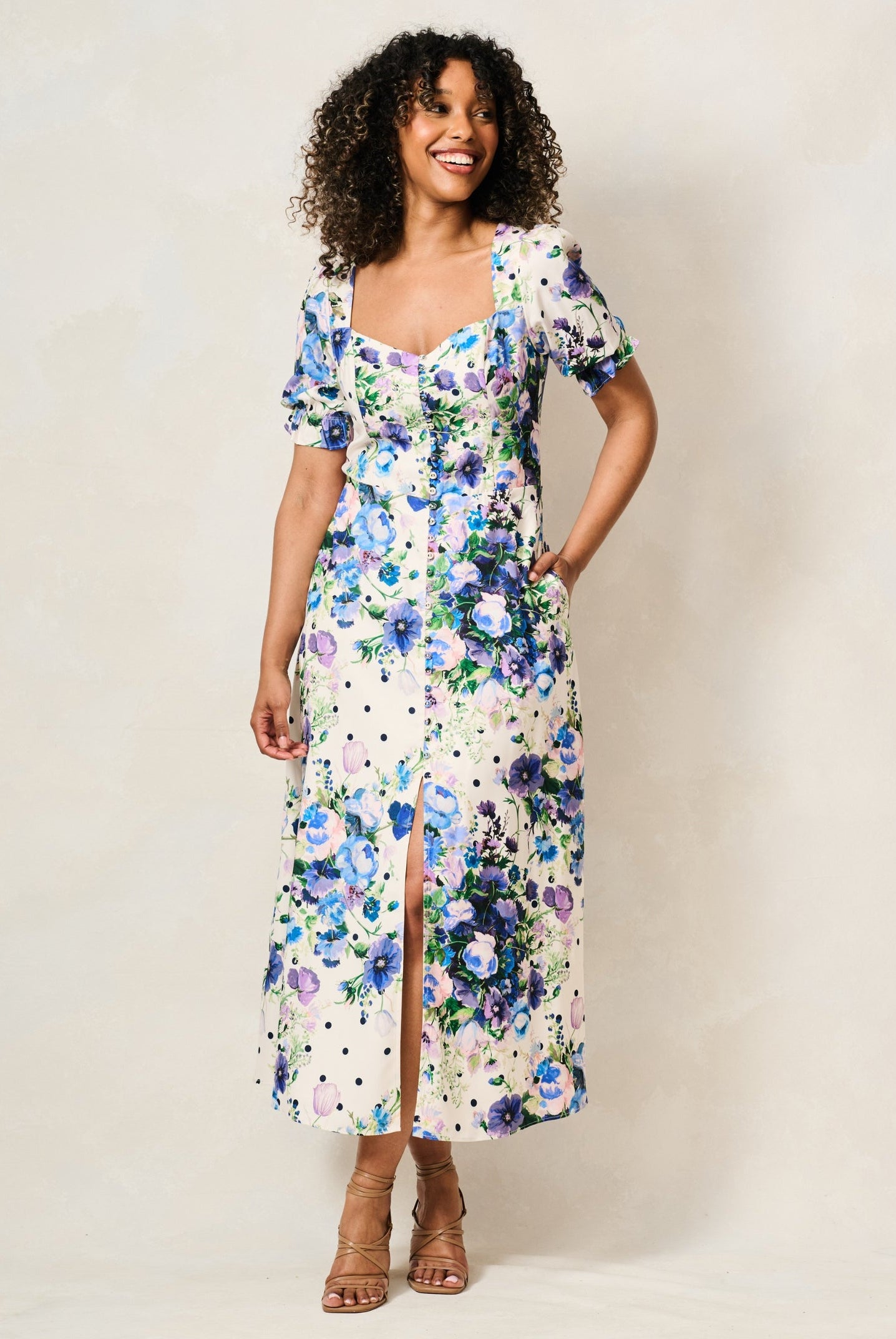 Hope & Ivy Nadalia blue floral puff sleeve midi dress front view