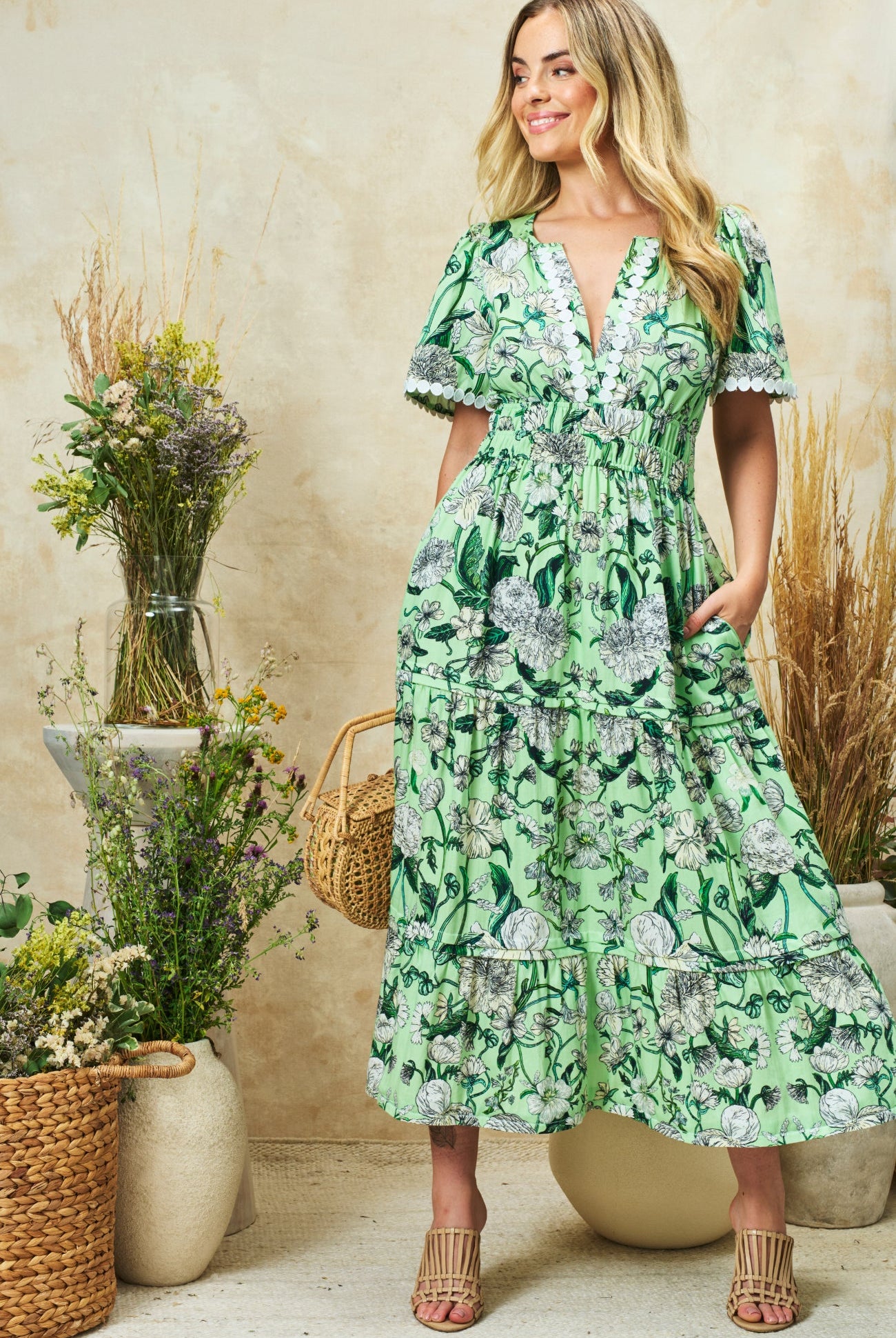 Hope & Ivy Sylvie tiered green floral maxi dress full length view