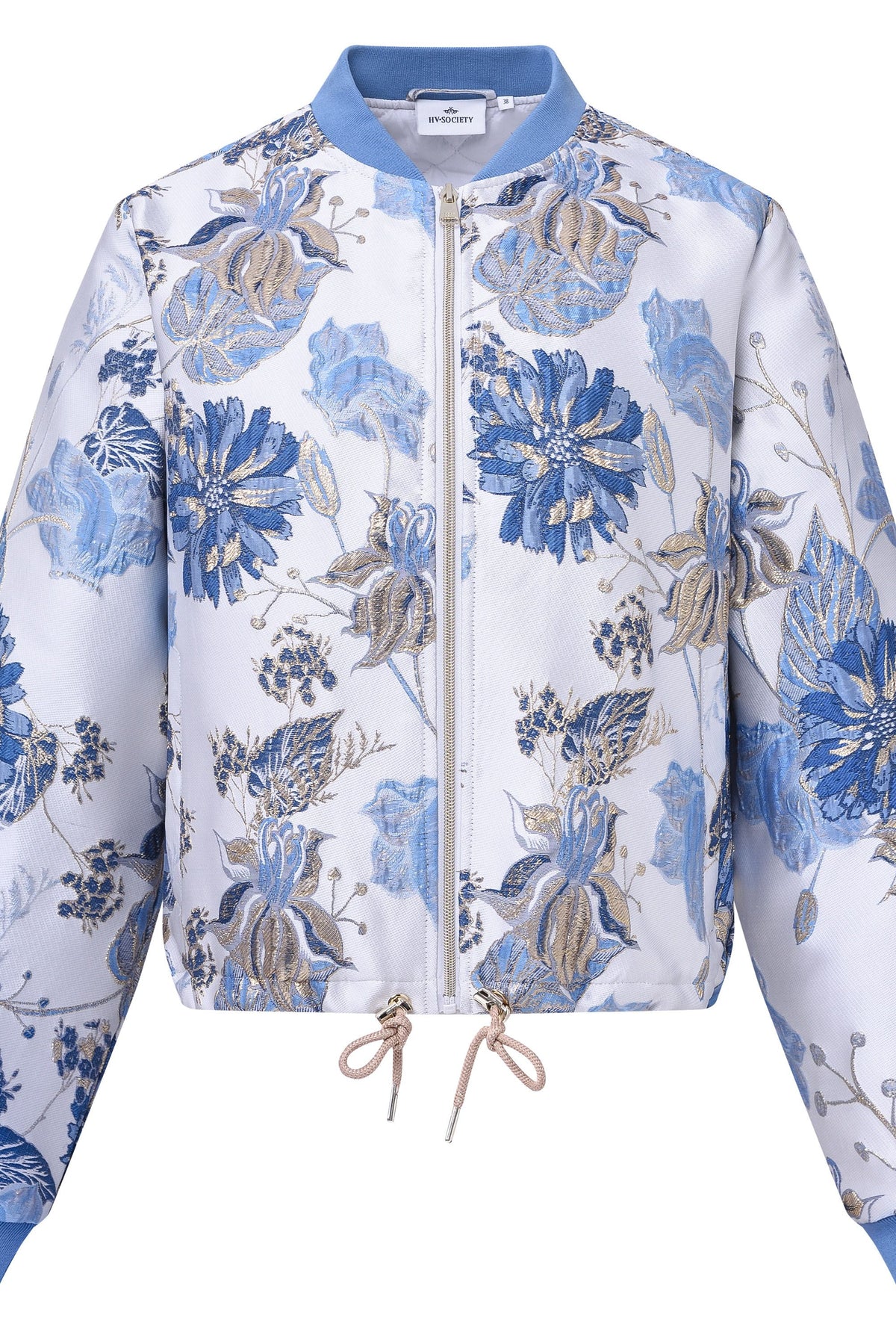 HV Society Hilmar blue floral zip bomber jacket front product view