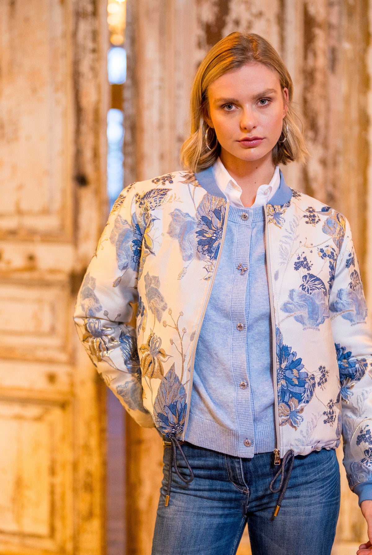 HV Society Hilmar blue floral print bomber jacket styled on model