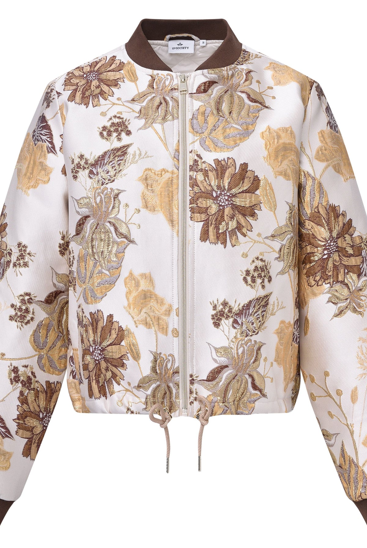 HV Society Hilmar camel floral print bomber jacket front product view