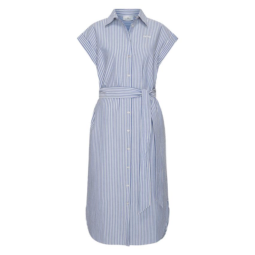 HV Society Stella navy and white stripe shirt dress front view belted cotton midi