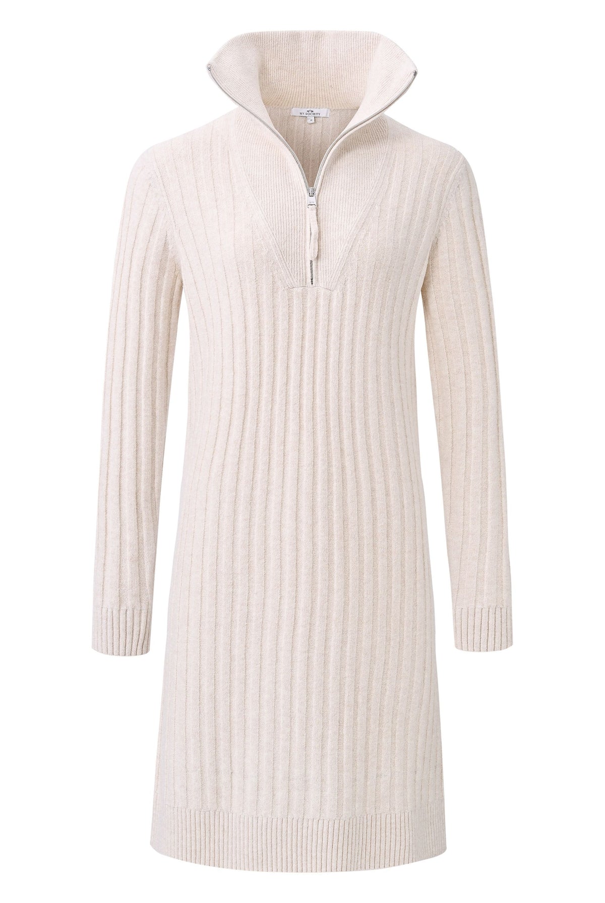 HV Society Zora cream ribbed knit zip-neck dress – front product view
