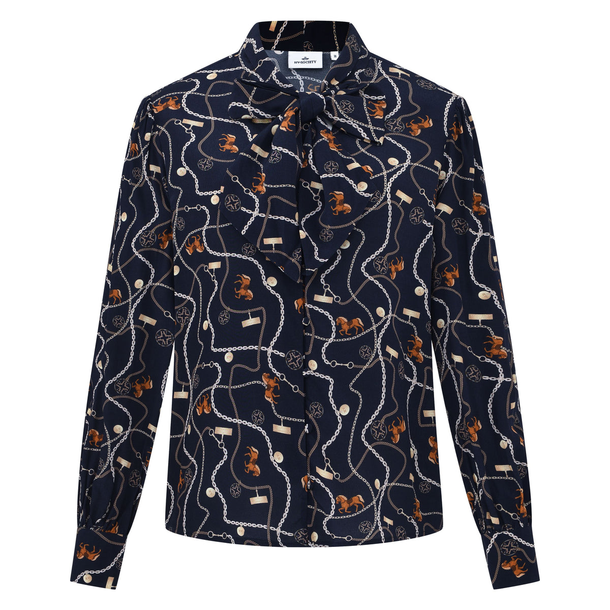 HV Society Babet navy horse print blouse with equestrian chain pattern, bow neckline and button front – front product view