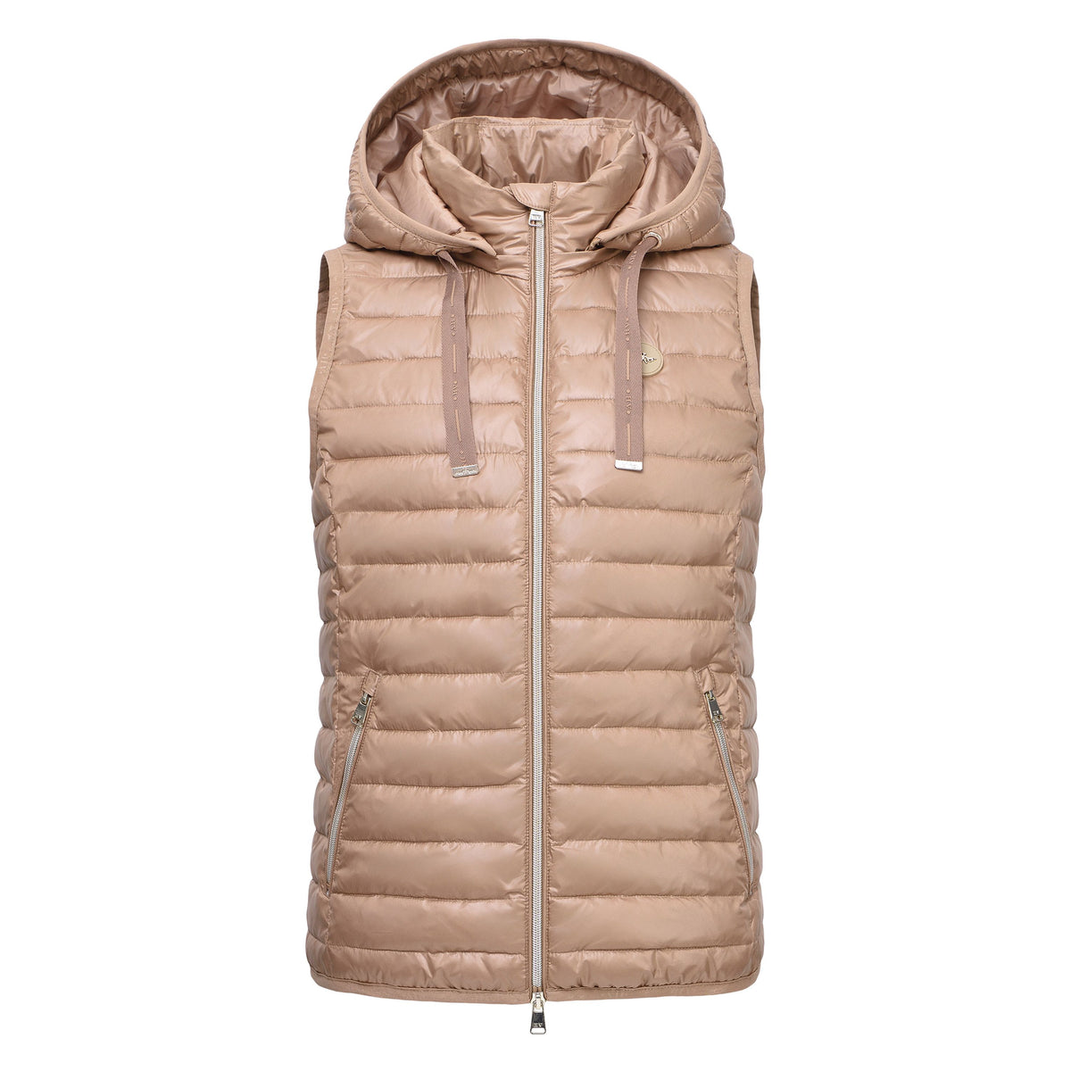 HV Society Ivanka beige hooded quilted gilet with zip front and side pockets – front product view
