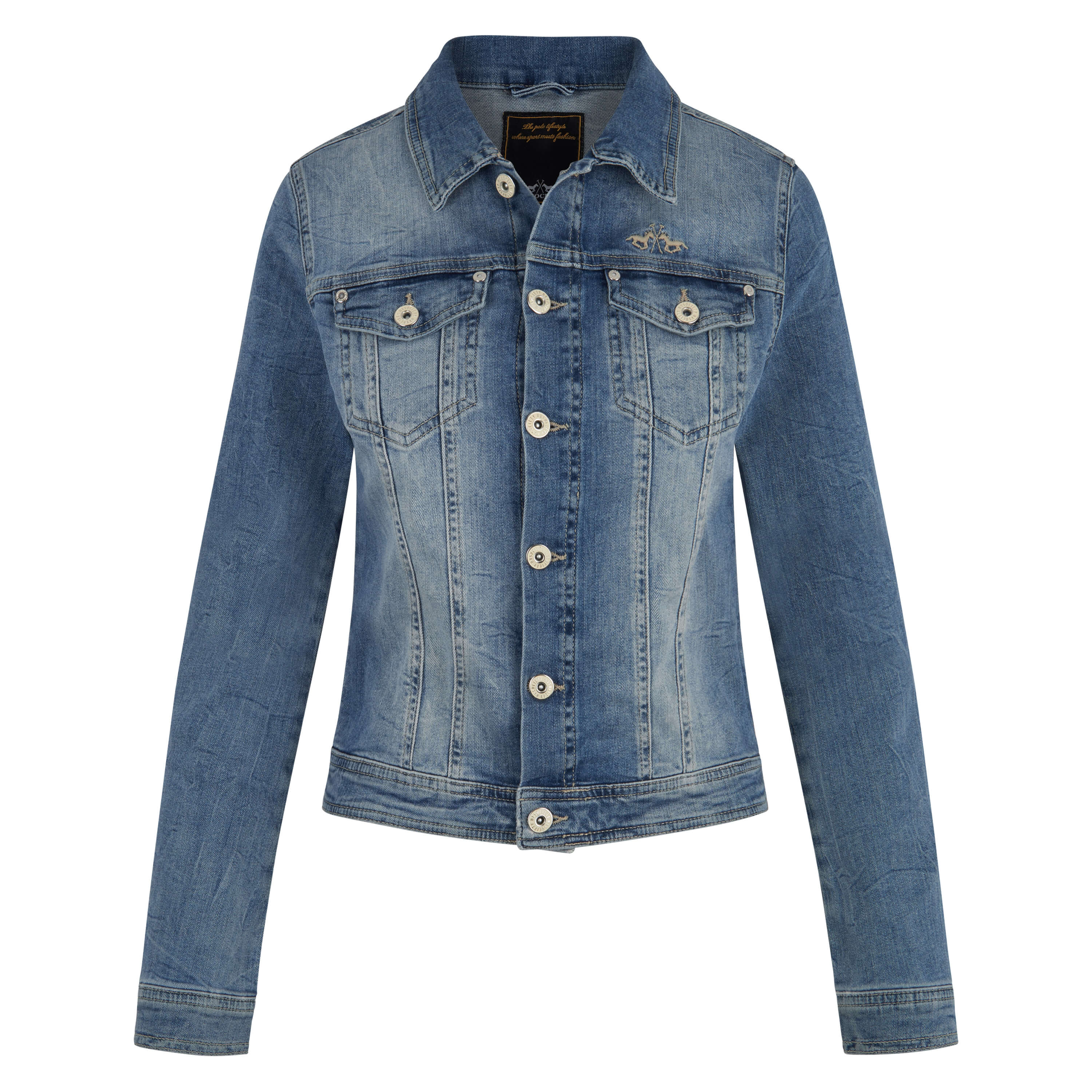 Front view of HV Society Aniek women’s slim fit light blue denim wash jacket