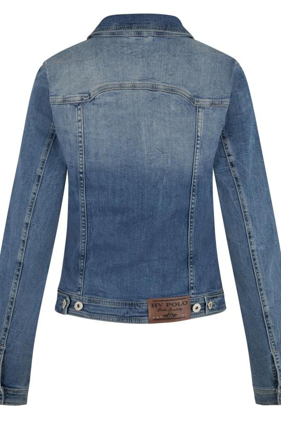 HV Society Aniek Classic Denim Jacket light wash slim fit denim jacket back view with adjustable hem