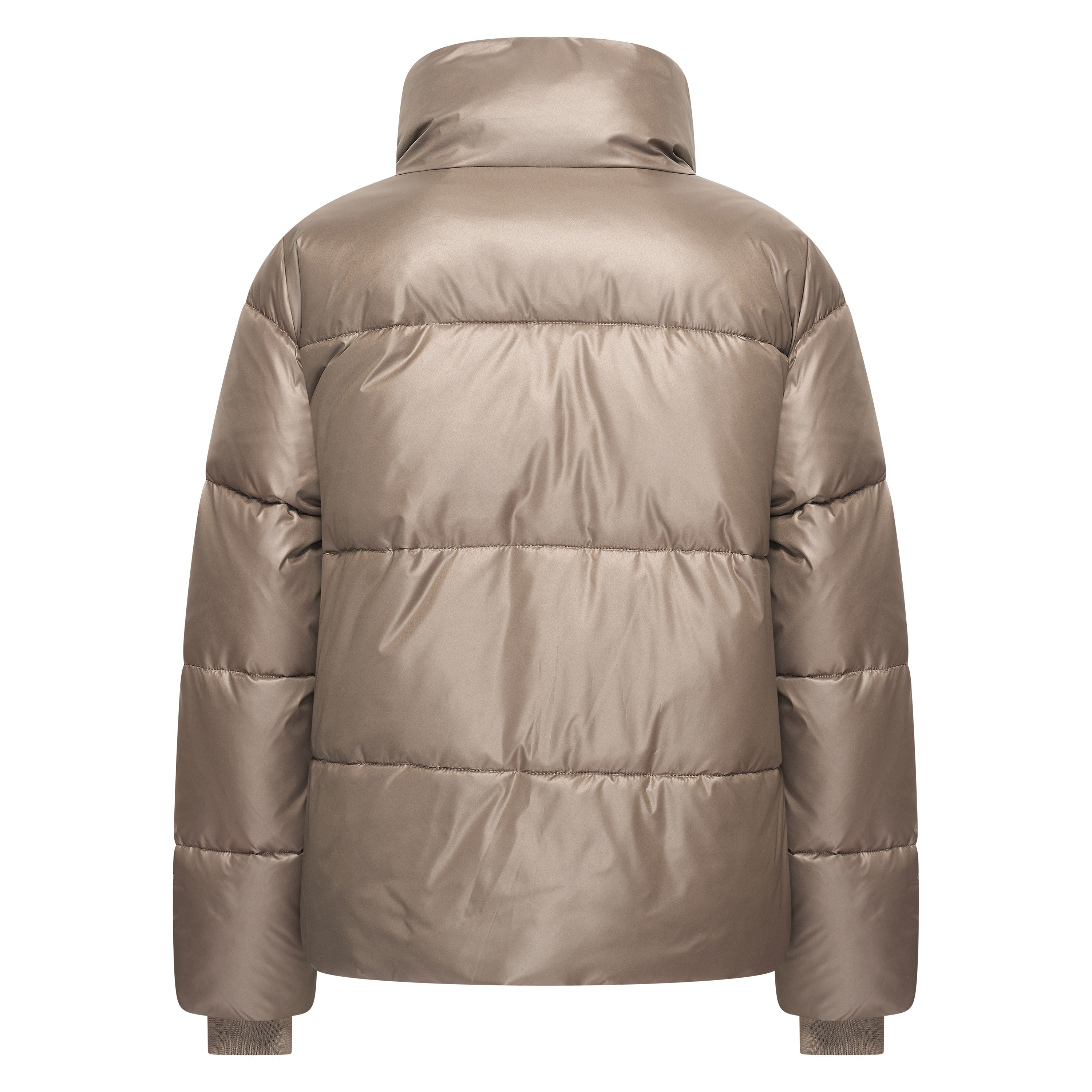 HV Society Adan taupe quilted jacket with funnel neck — back view.