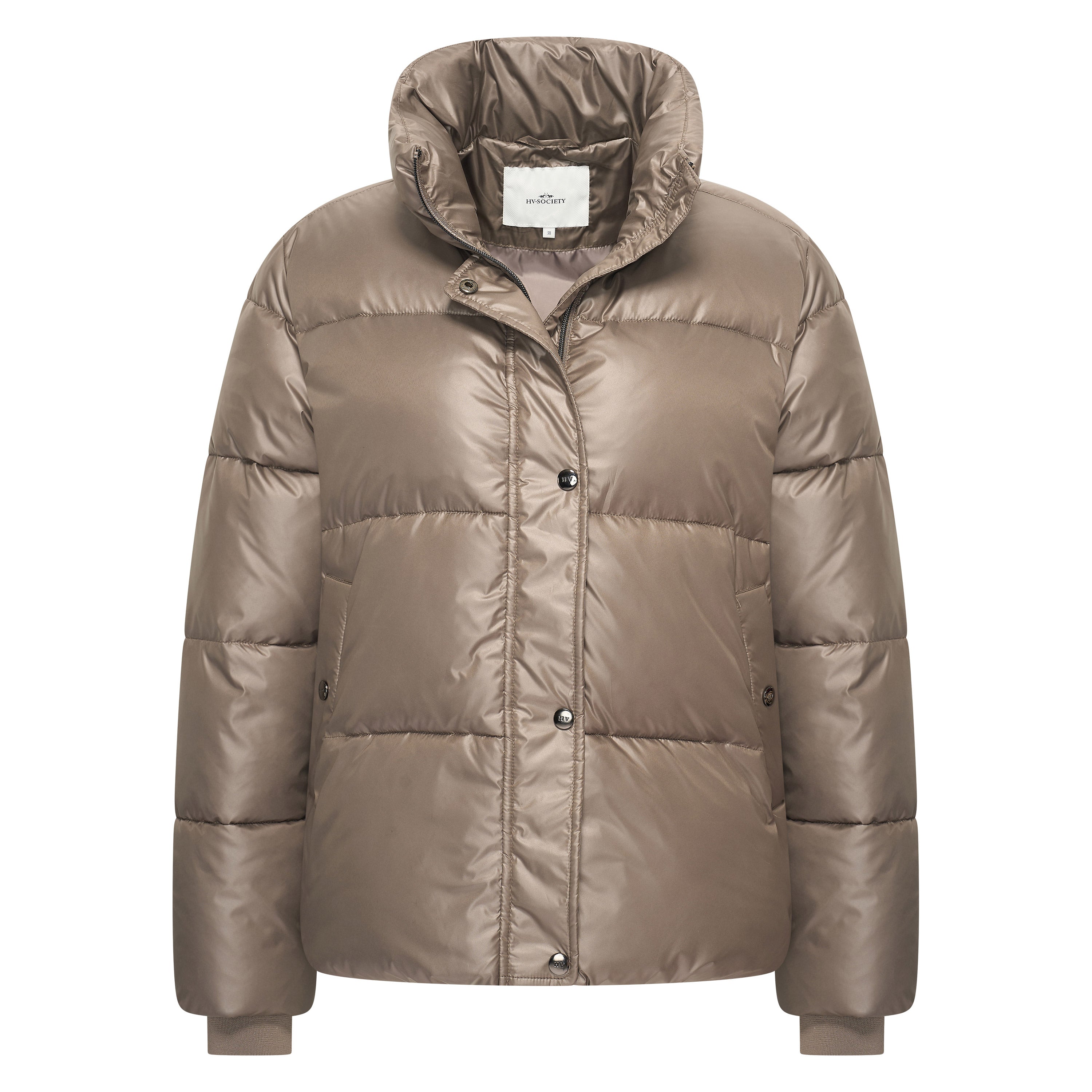 HV Society Adan taupe puffer jacket with funnel neck with snap button placket — front view.