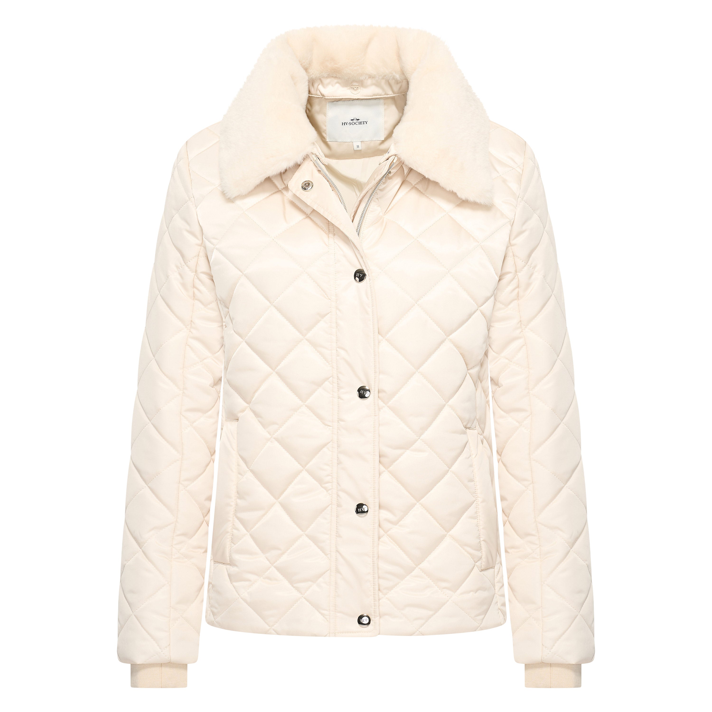 HV Society Aileen cream short quilted jacket with faux fur collar