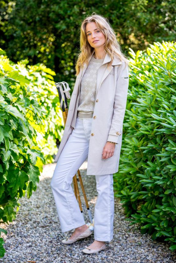 HV Society Piper Classic Trenchcoat worn open with neutral outfit outdoors