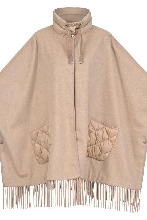 HV Society Siza camel wool blend fringed cape with quilted pockets