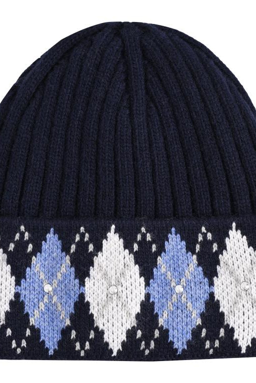 HV Society Judith navy argyle knit beanie hat front view