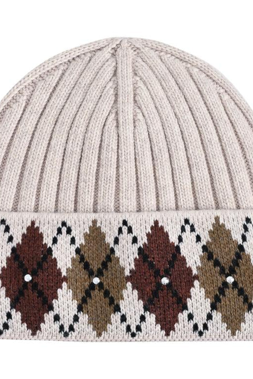 HV Society Judith neutral argyle knit beanie hat front view