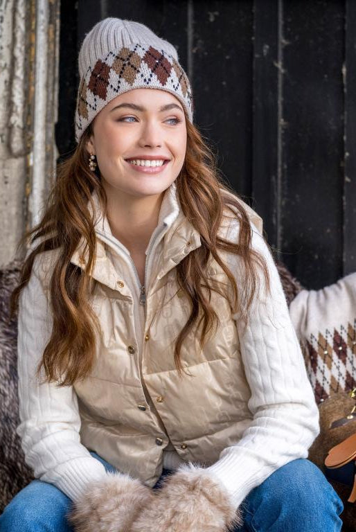 HV Society Judith neutral argyle knit beanie hat styled on model