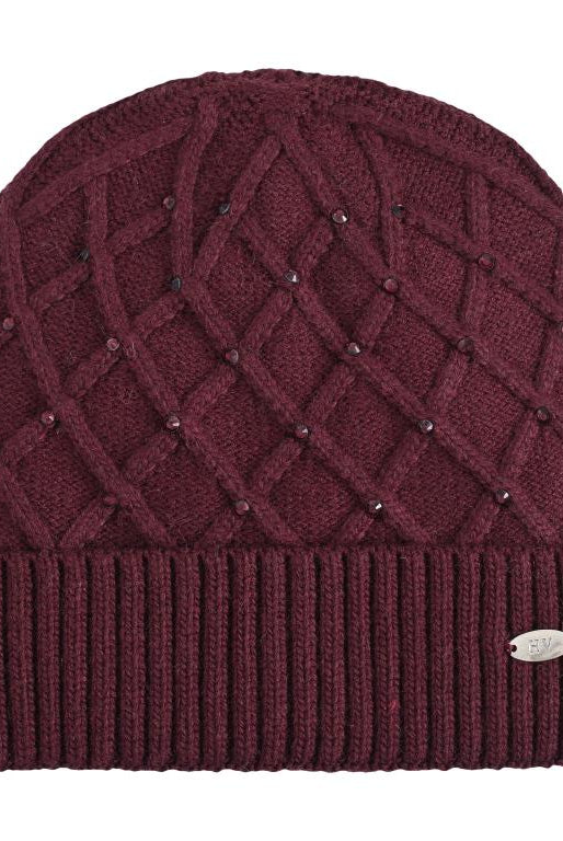 HV Society Juul burgundy embellished diamond knit beanie hat front view