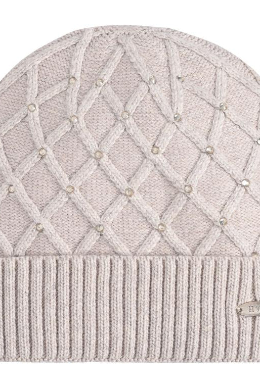 HV Society Juul cream embellished diamond knit beanie hat front view
