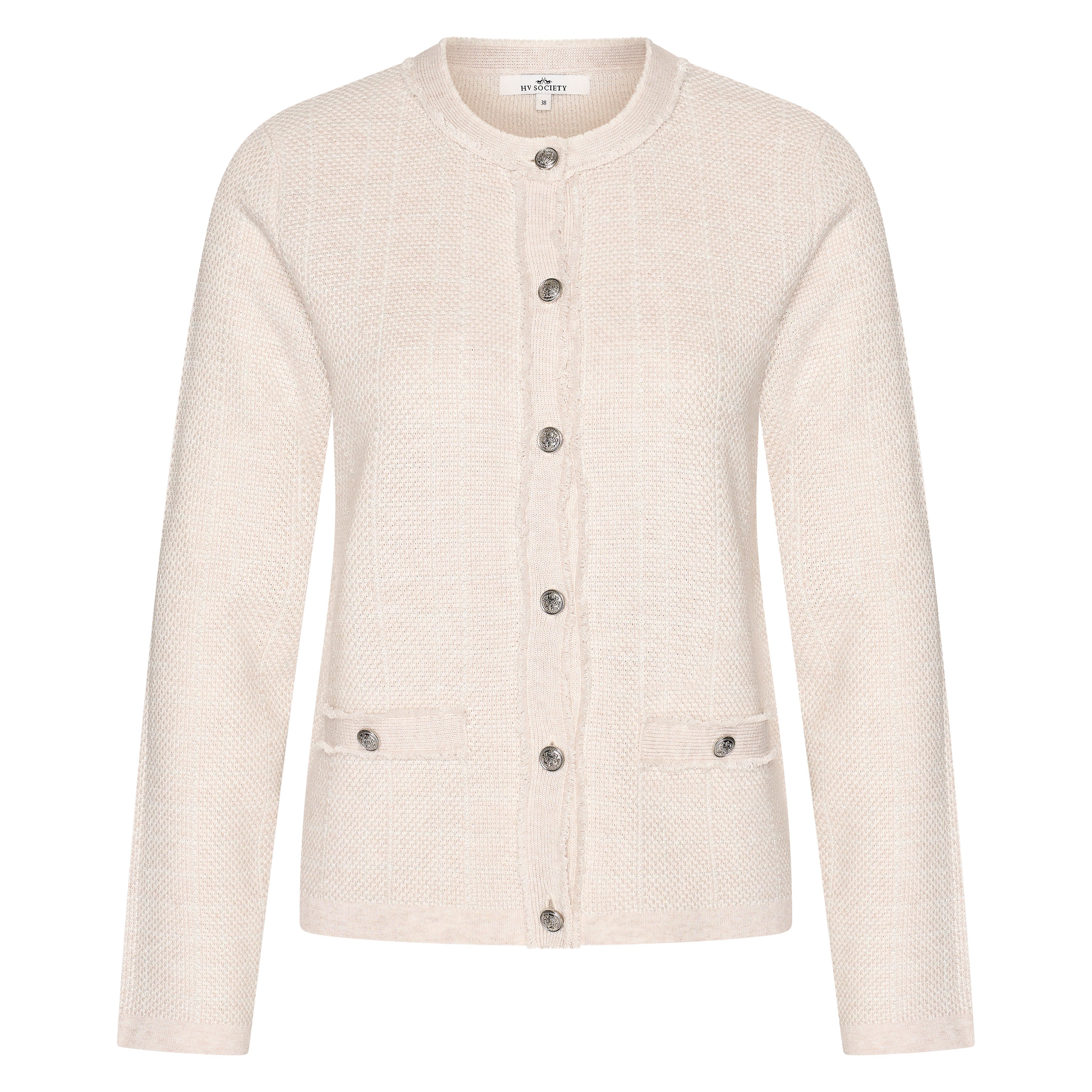 HV Society Hannah tweed-style knit cardigan in cream with metallic detail