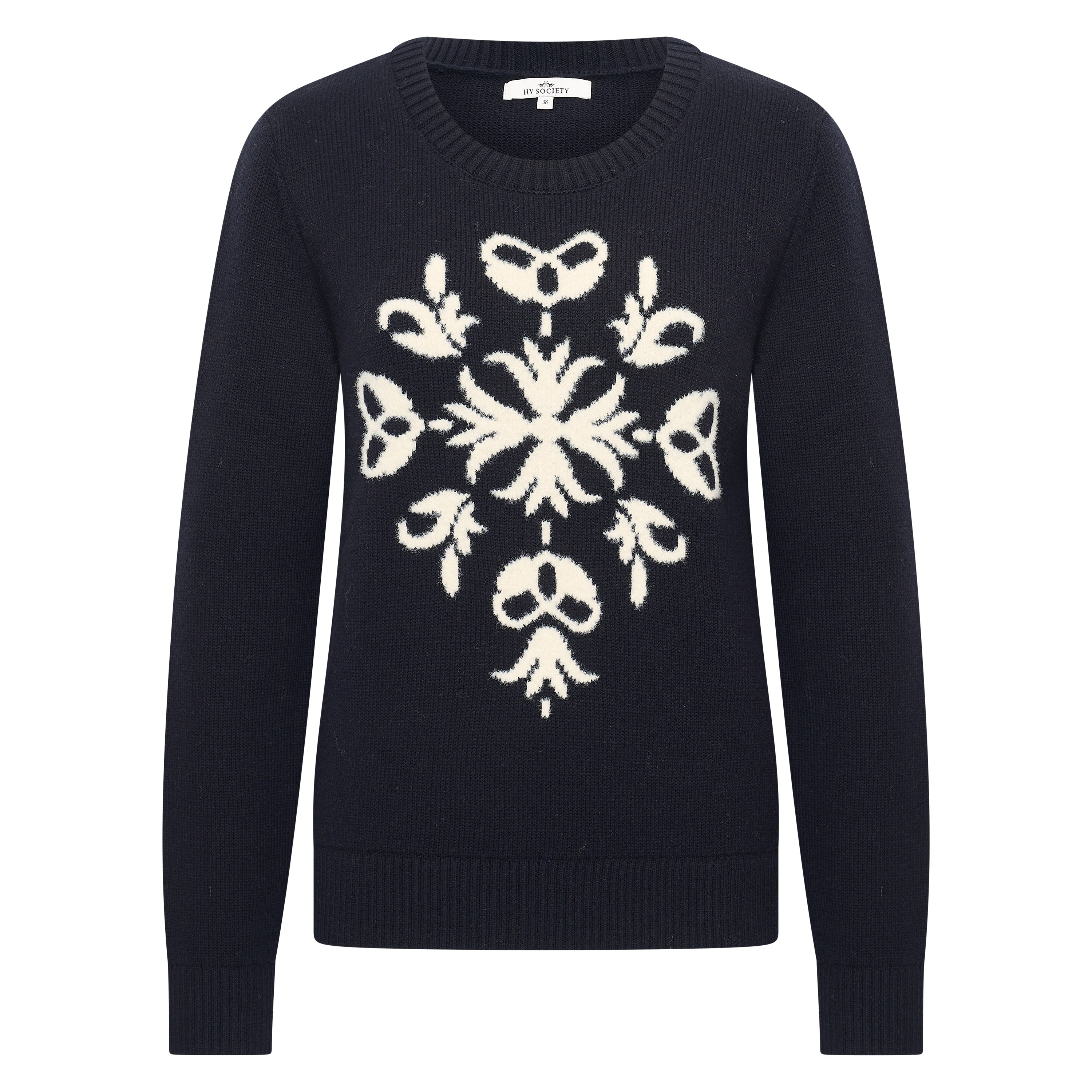 HV society Women’s navy knit with ivory snowflake pattern and ribbed trims.