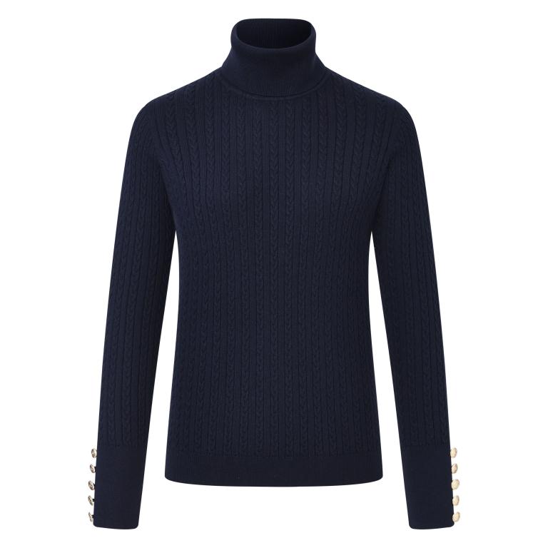 HV Society Yany navy roll neck jumper with gold button cuffs front view
