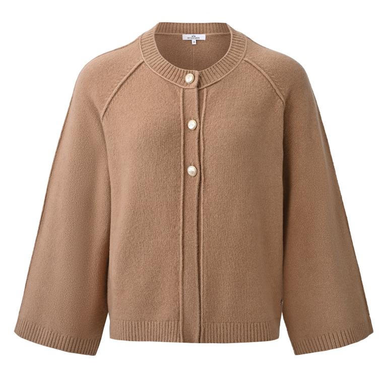HV Society Noor camel boxy round neck cardigan with pearl-effect buttons