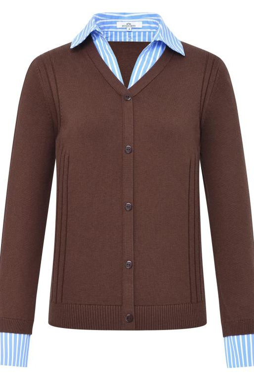 HV Society Vivian brown 2-in-1 cardigan with blue and white striped shirt collar and cuffs