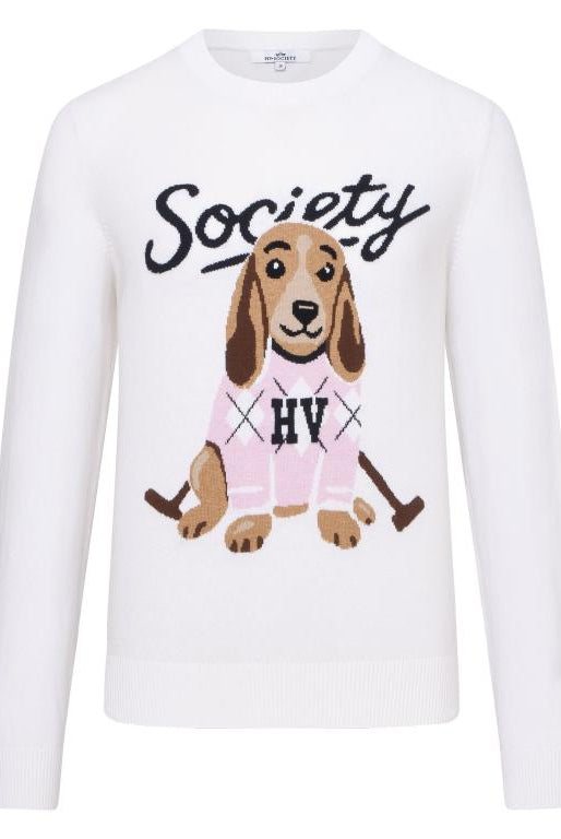 HV Society Valerie ivory dachaund dog motif knit jumper with pink argyle detail
