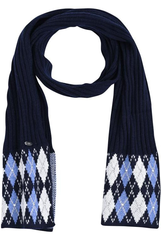 HV Society Jovianne navy argyle knit scarf with blue and white diamond detail