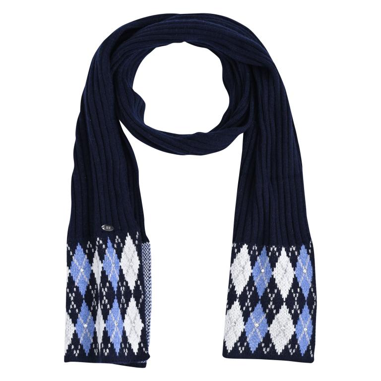 HV Society Jovianne navy argyle knit scarf with blue and white diamond detail