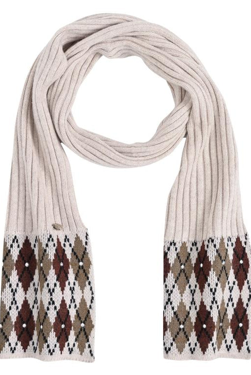 HV Society Jovianne cream argyle knit scarf with brown diamond detail