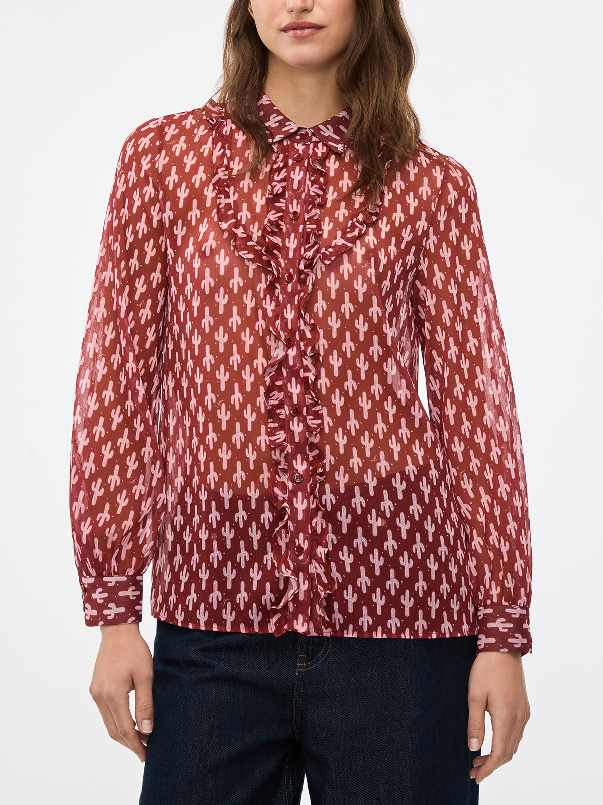 iBlues Alarico cactus print blouse in rust with ruffle front detail