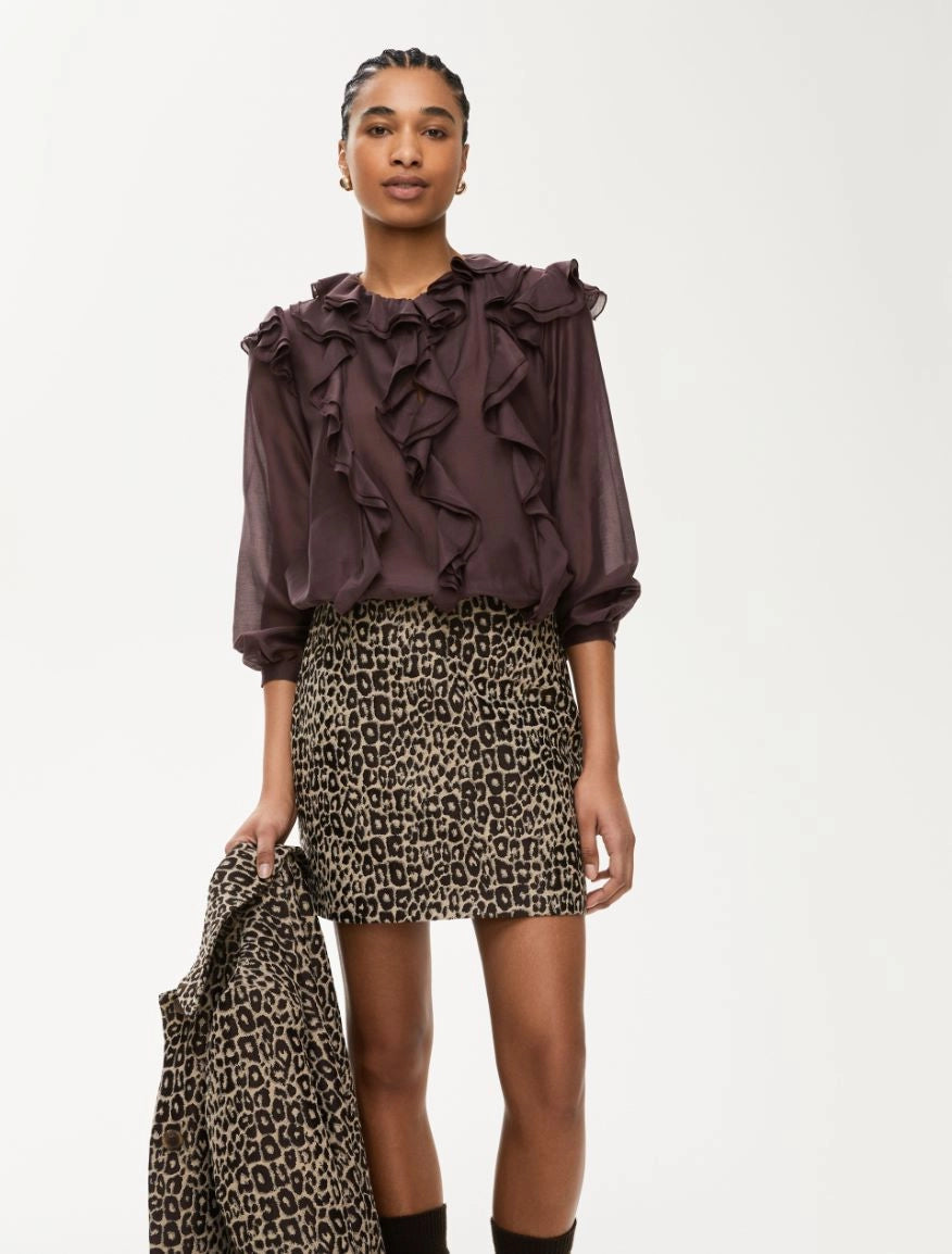 Iblues burgundy silk blouse styled with leopard skirt and black boots