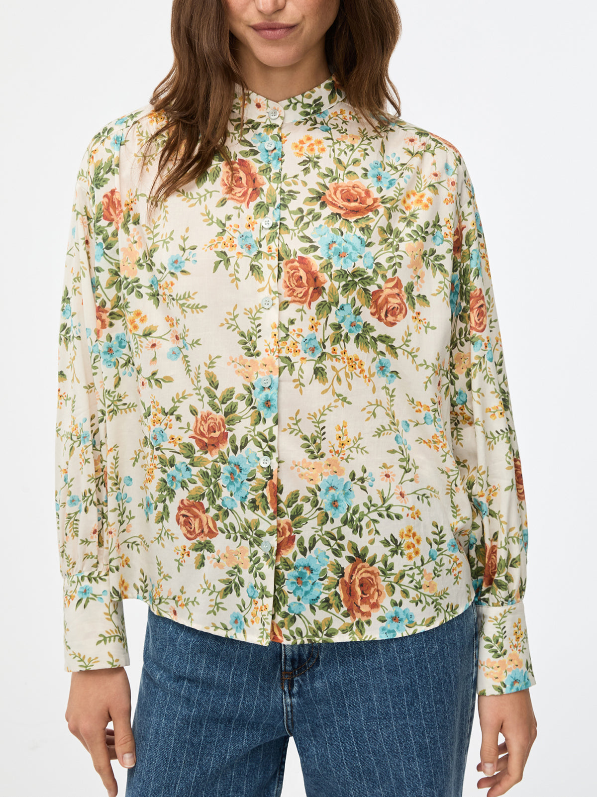 iBlues Elmi cream floral Mao collar shirt front view