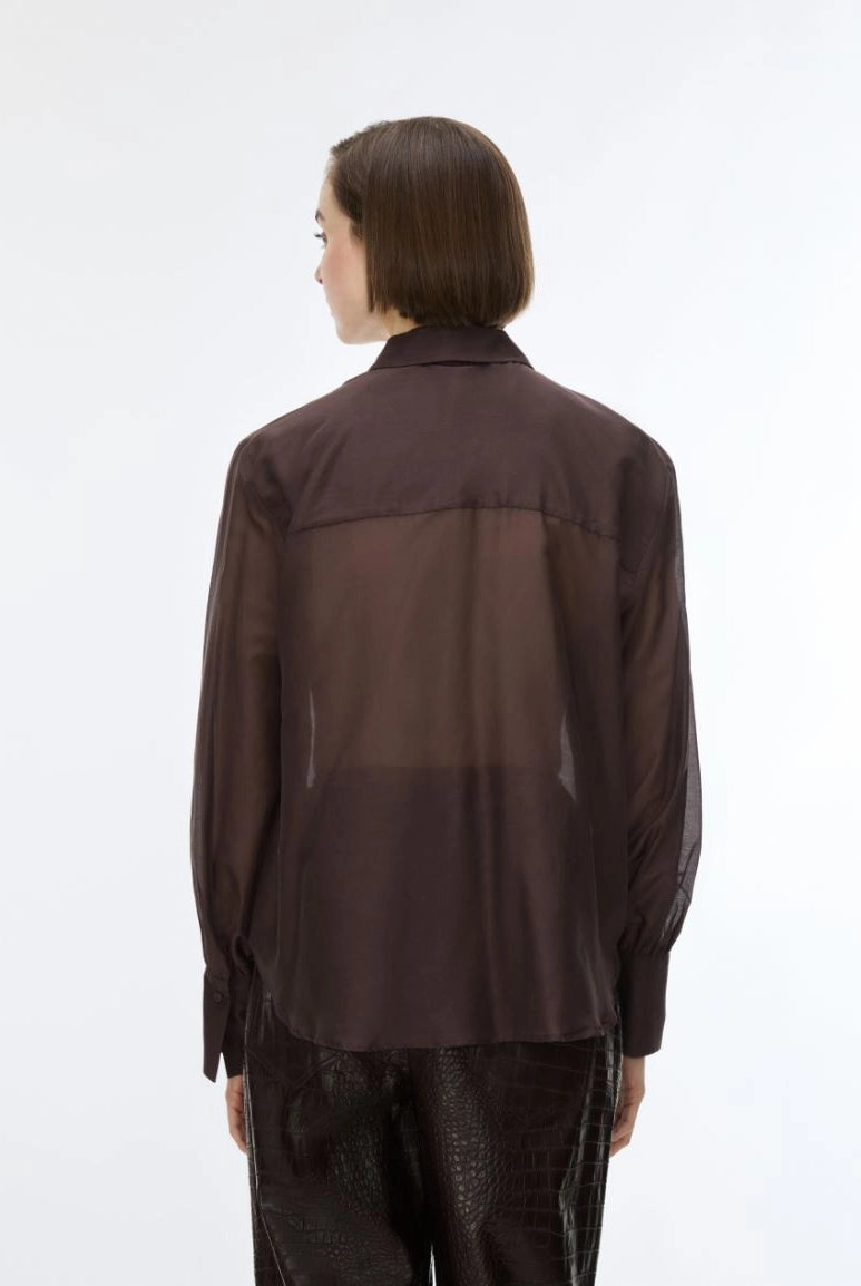 Back view of iBlues Iblasti chocolate brown silk blend blouse