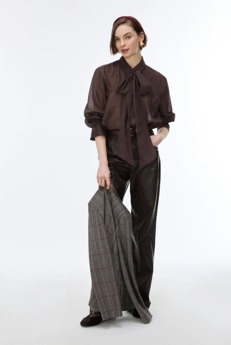 iBlues Iblasti chocolate brown tie neck blouse styled with dark trousers