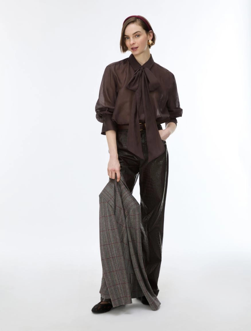 iBlues Iblasti chocolate brown tie neck blouse styled with dark trousers