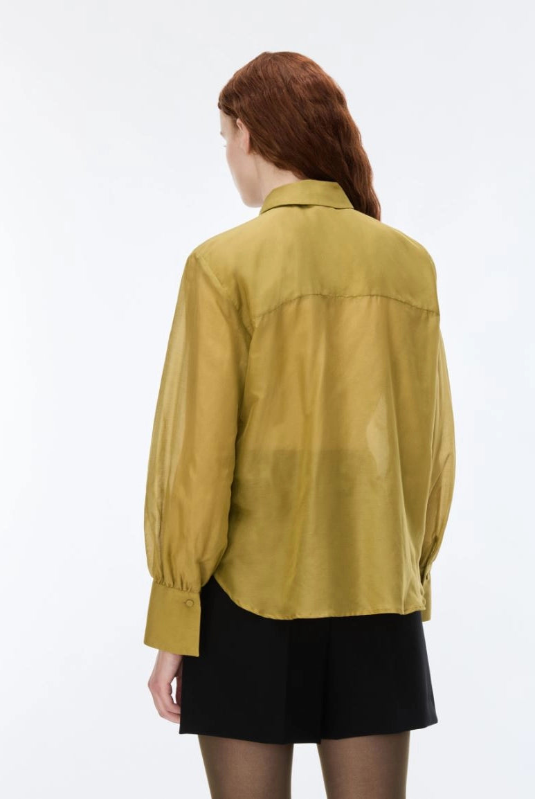 Back view of iBlues Iblasti olive sheer blouse with long sleeves