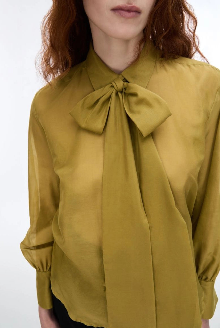 Close-up of iBlues Iblasti olive silk blend blouse with neck bow