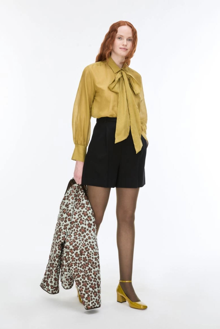 iBlues Iblasti olive silk blend blouse styled with black tailored shorts