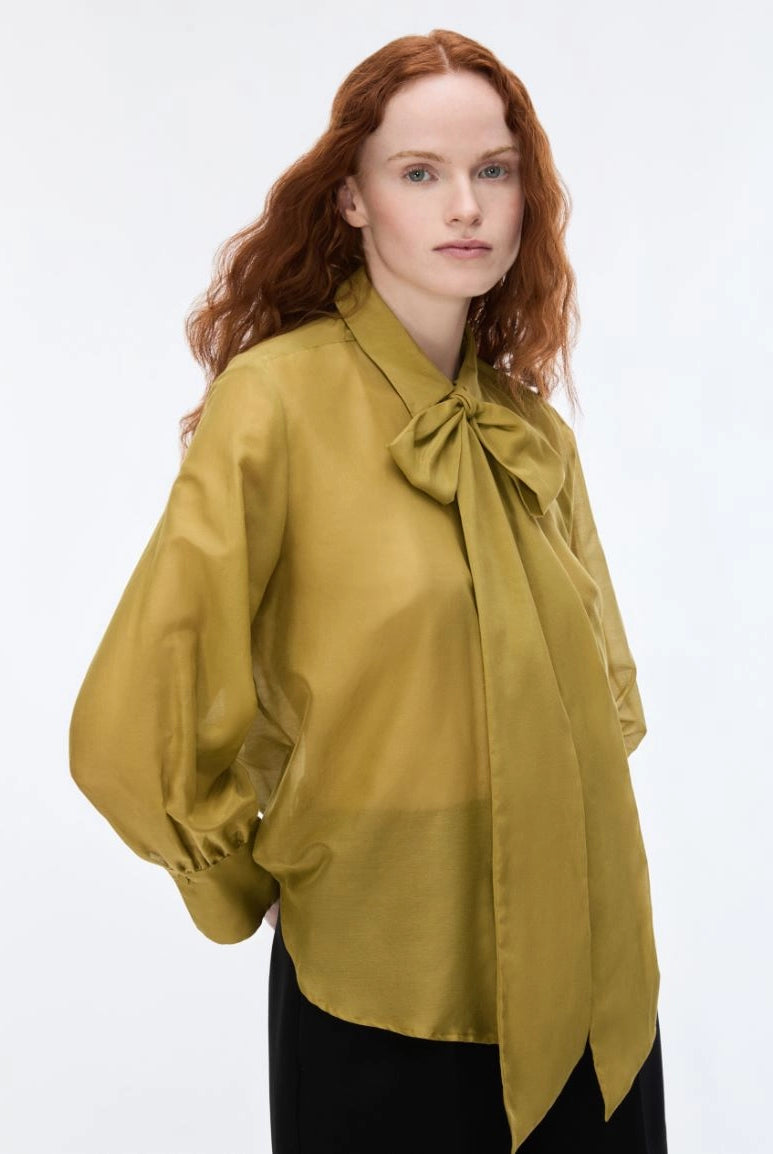 iBlues Iblasti olive green tie neck blouse front view