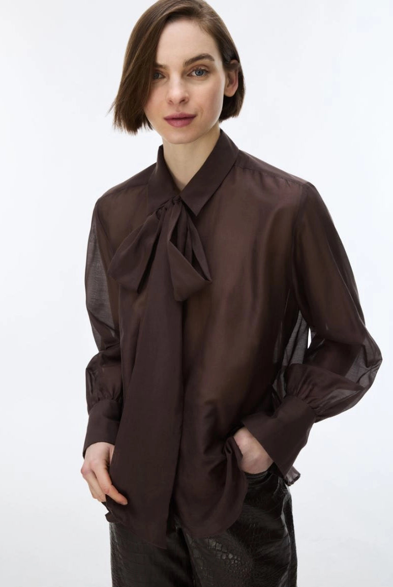 iBlues Iblasti chocolate brown silk blend tie neck blouse front view