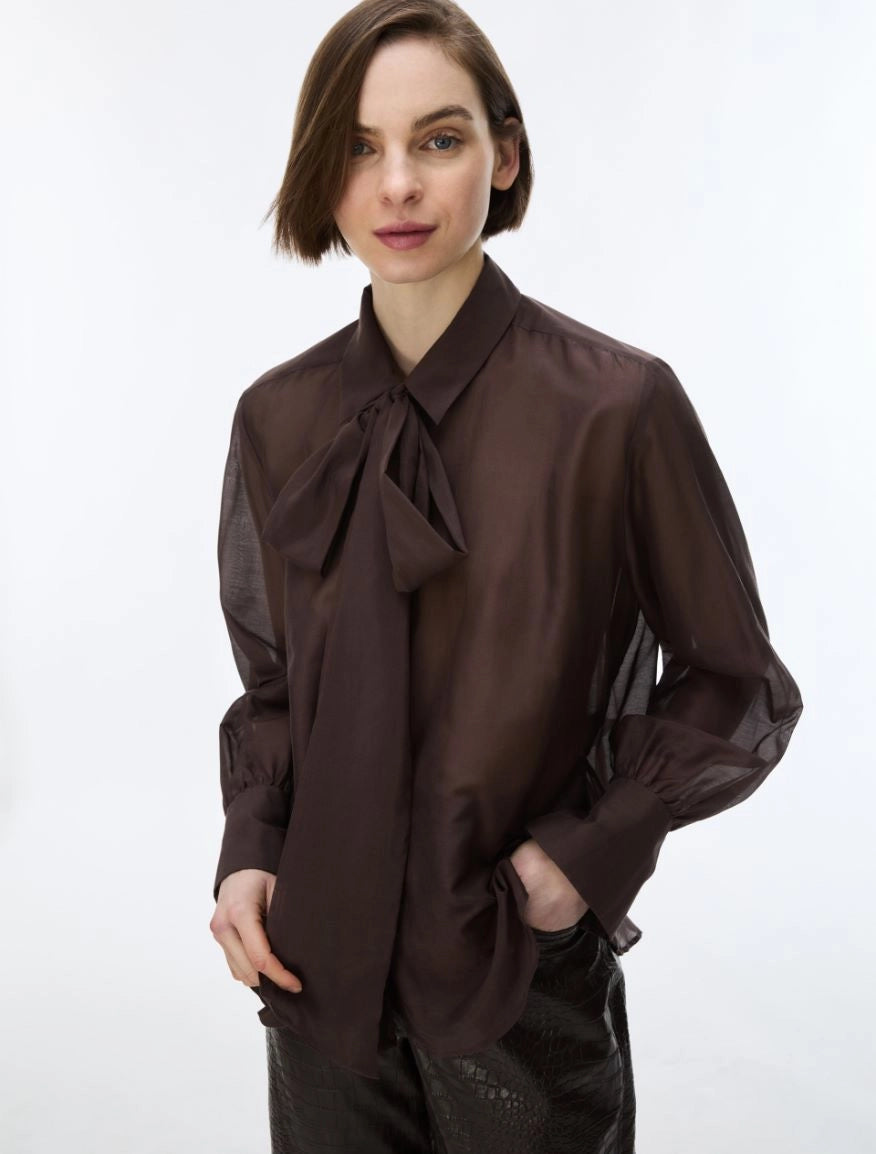iBlues Iblasti chocolate brown silk blend tie neck blouse front view