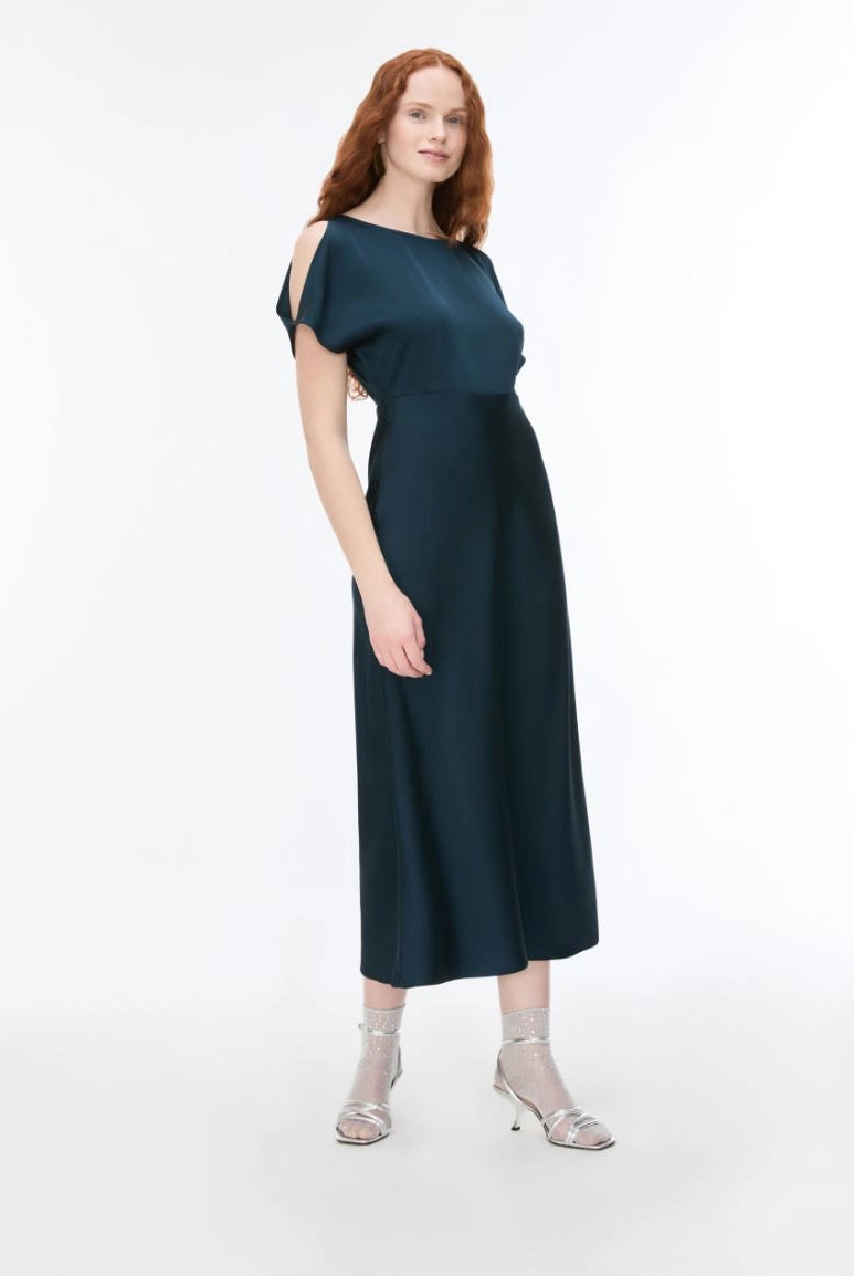iBlues Iblfiesta dark teal satin midi dress shown from the front