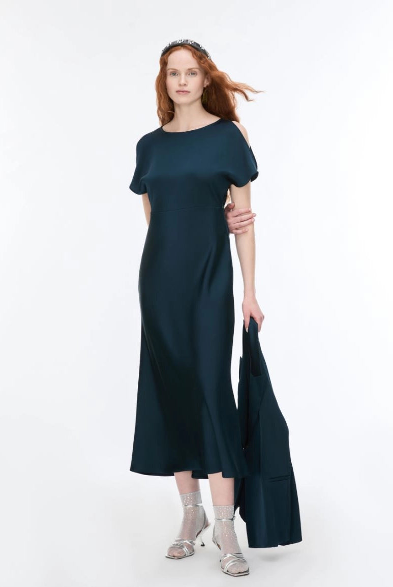 iBlues Iblfiesta dark teal satin split sleeve midi dress front view