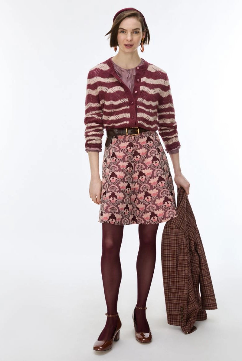 iBlues Iblghinea pink floral mini skirt styled with burgundy knitwear